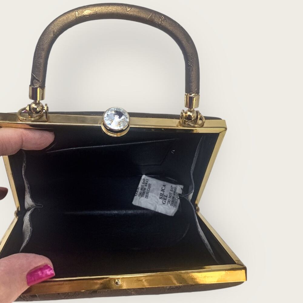 Vintage Shoe Lady Print Crossbody or Clutch Mini Purse Embossed Bronze - Picture 7 of 9